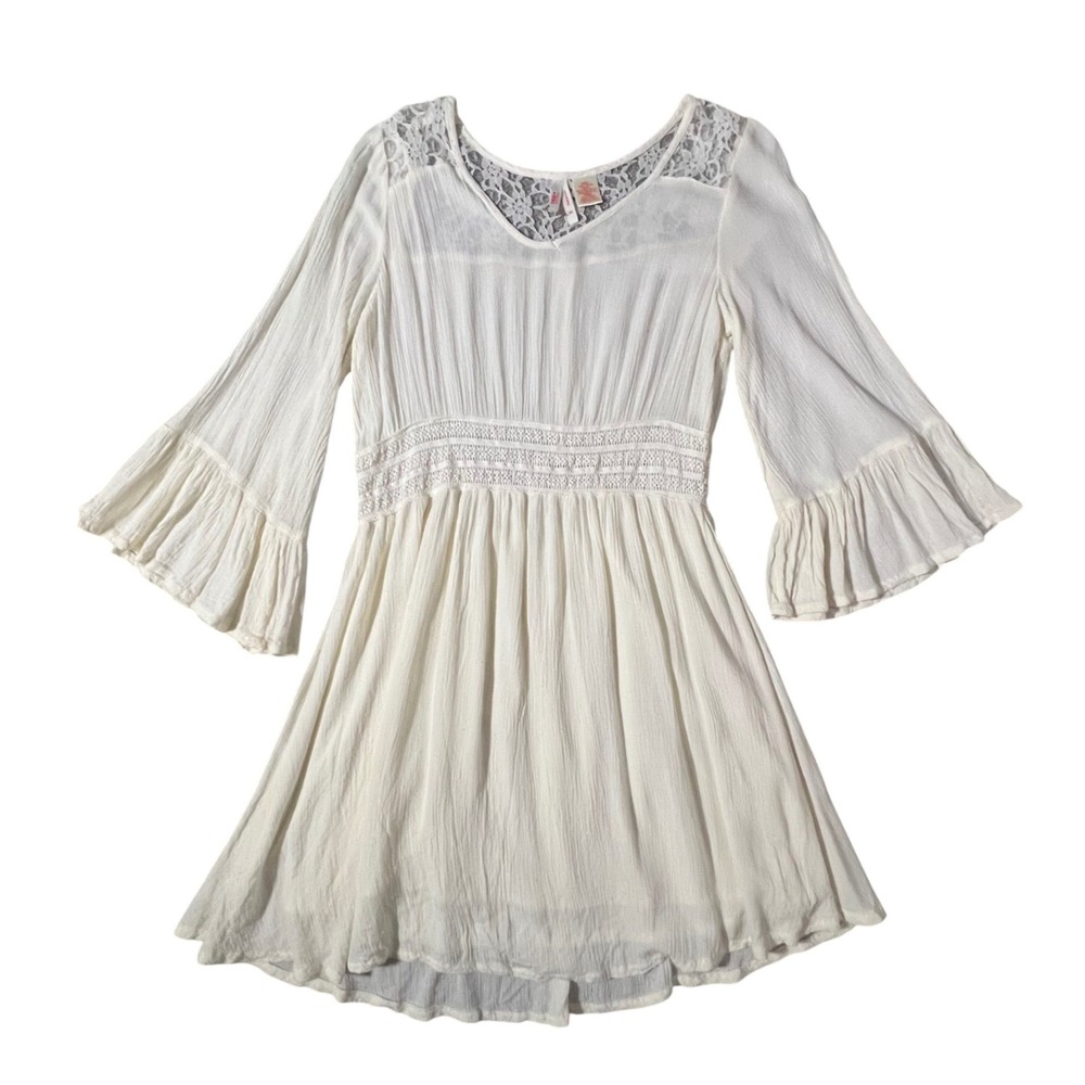 True Destiny Mini Dress Womens Medium Ivory Boho Lace Bell Sleeve‎ Crochet Gauze
